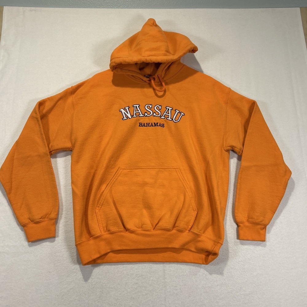 Gildan Nassau Bahamas Hoodie Mens Medium Orange Long Sleeve Pullover Logo